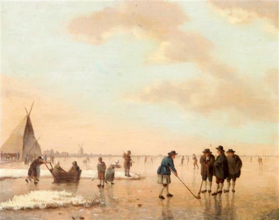 Hendrik Willen Schweickhardt (1746-1797) Figures on a frozen lake in winter and On the beach in summer 9 x 11in.